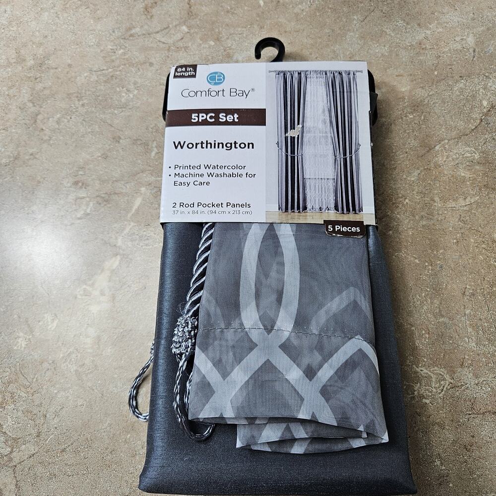 Comfort Bay 5 Pc Curtain‎ Set Worthington 37X84 Window Treatment Sheer + Panels